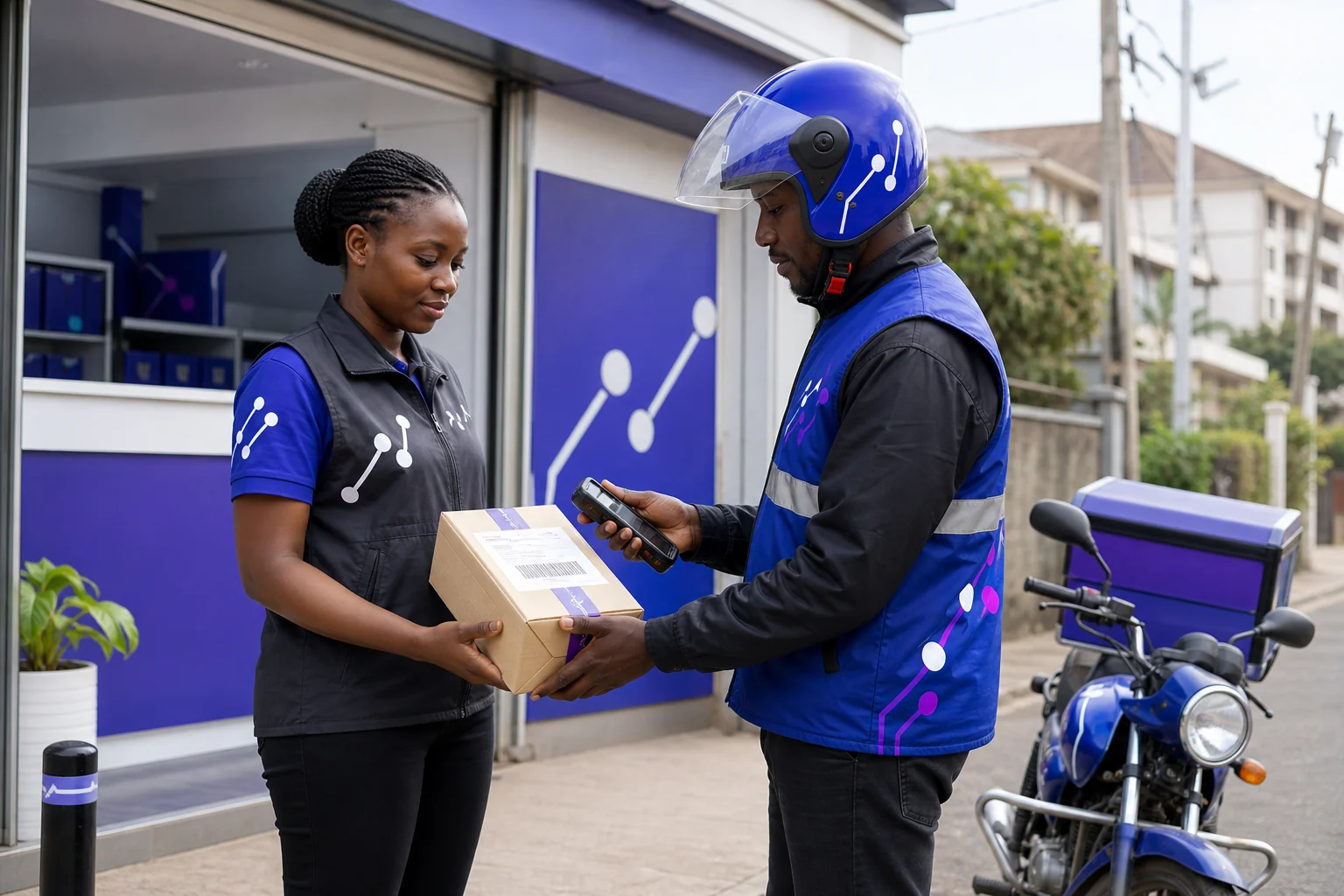 An FS Point Operator handing a scanned parcel to an FS driver